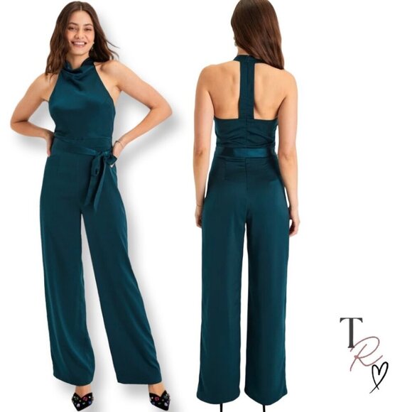 Lulus Pants - Lulus Luxe Vision Satin Halter Wide-Leg Jumpsuit Dark Teal Women’s Medium NWT